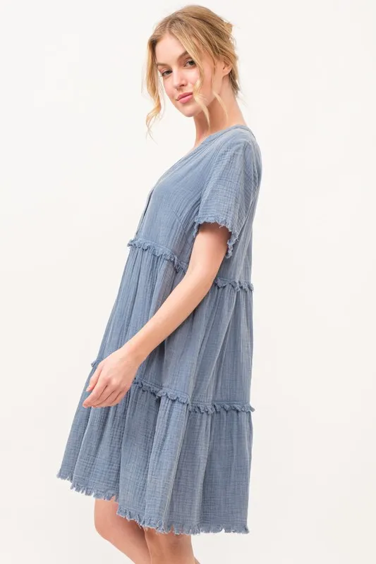 And The Why Washed Frayed Detail Tiered Dress - Image 4