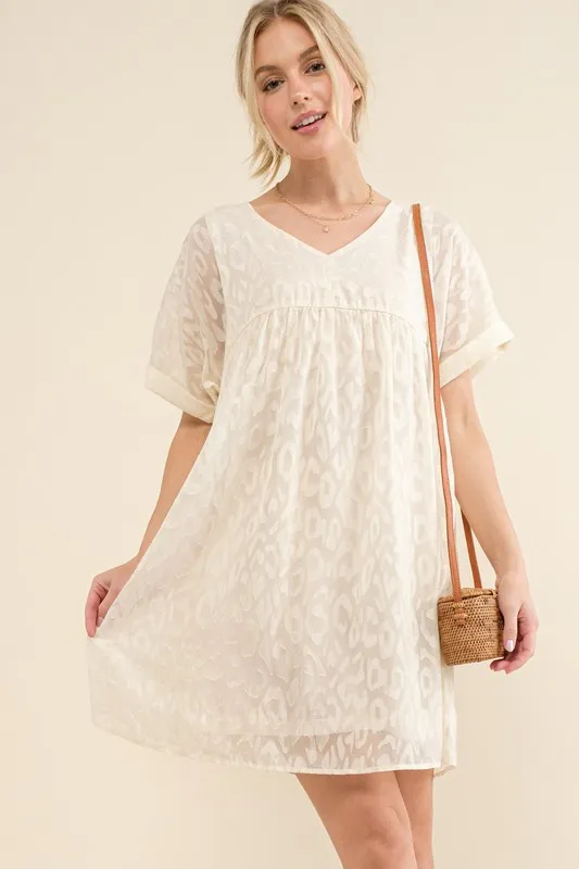 And The Why Woven Leopard Baby Doll Roll-Sleeve Casual Dress