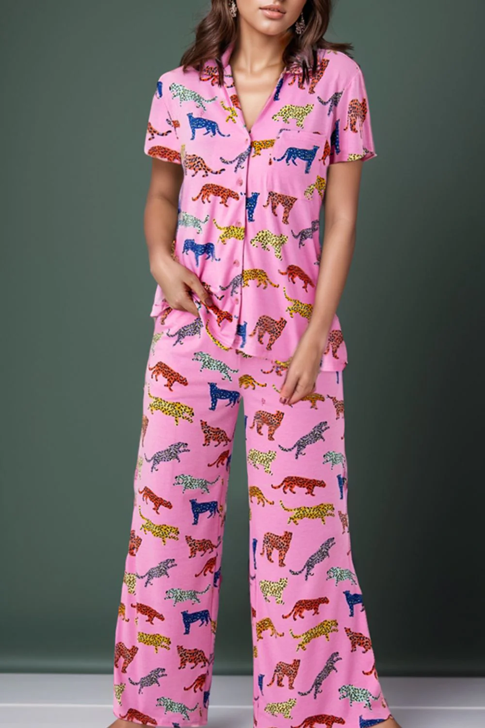 Animal Button Up Top and Pants Lounge Set - Image 2
