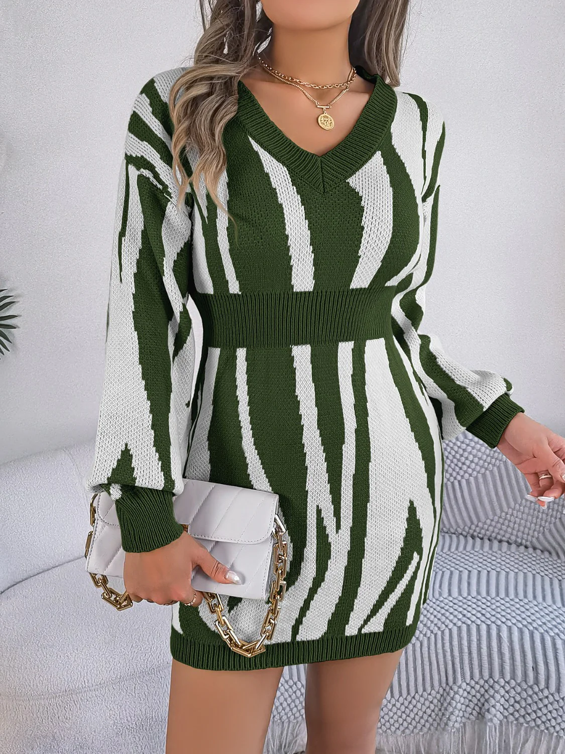 Animal Print V-Neck Long Sleeve Sweater Dress - Image 10