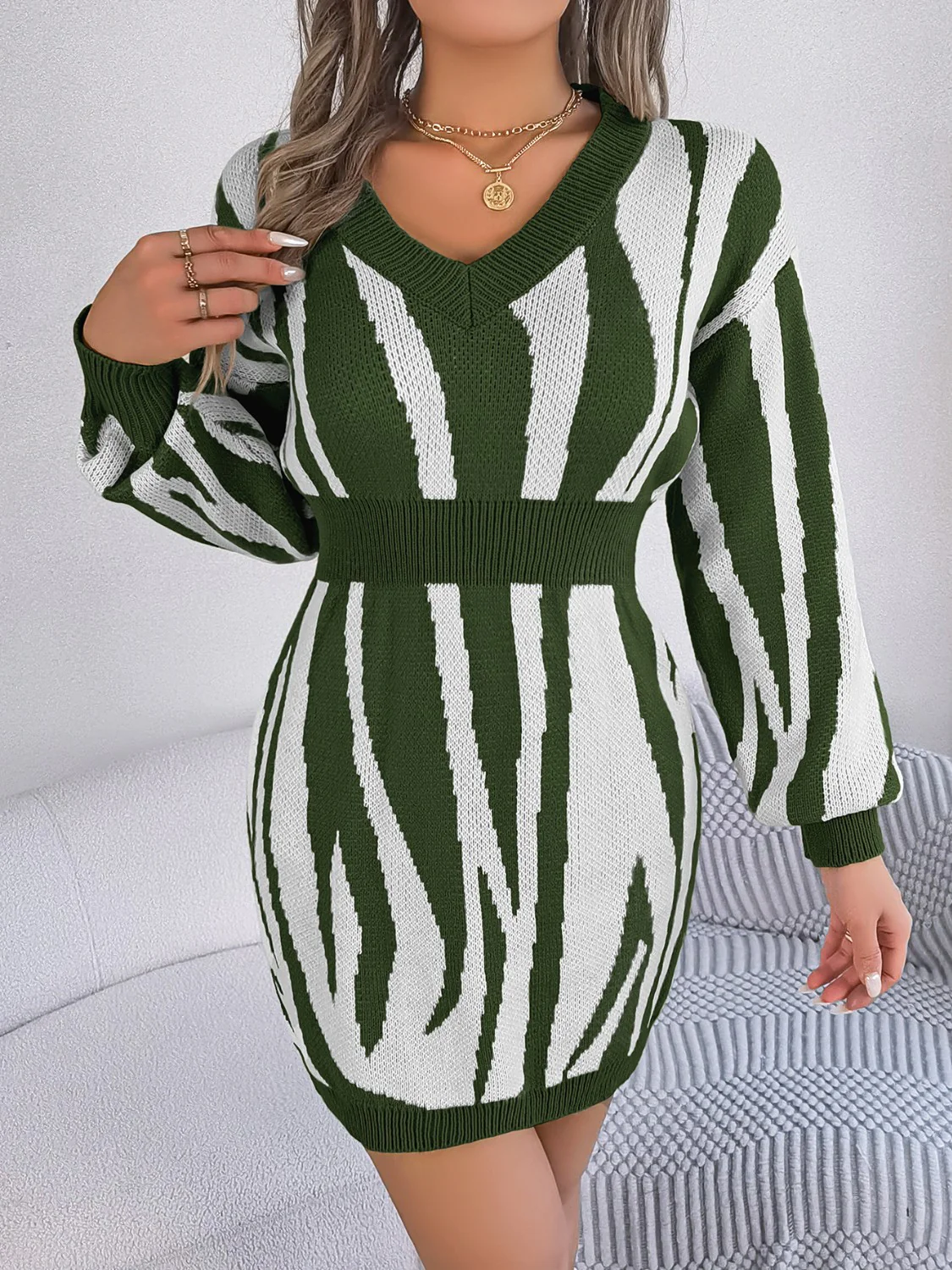 Animal Print V-Neck Long Sleeve Sweater Dress - Image 11