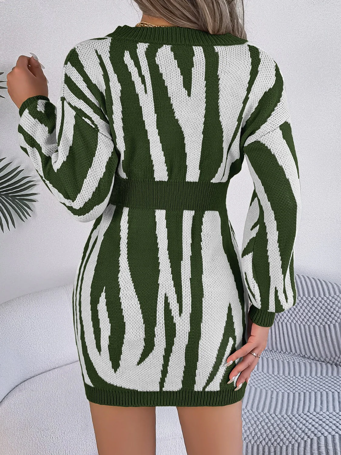 Animal Print V-Neck Long Sleeve Sweater Dress - Image 12