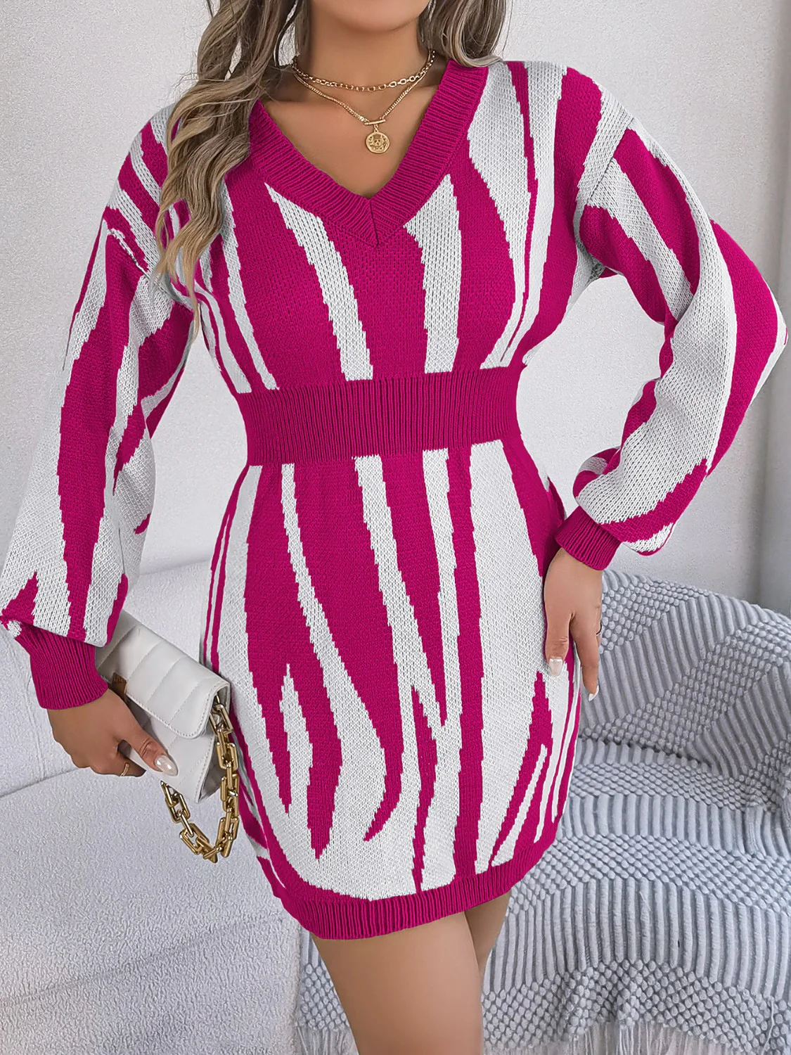 Animal Print V-Neck Long Sleeve Sweater Dress - Image 4