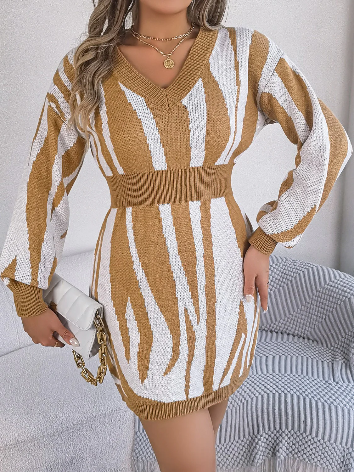 Animal Print V-Neck Long Sleeve Sweater Dress - Image 6