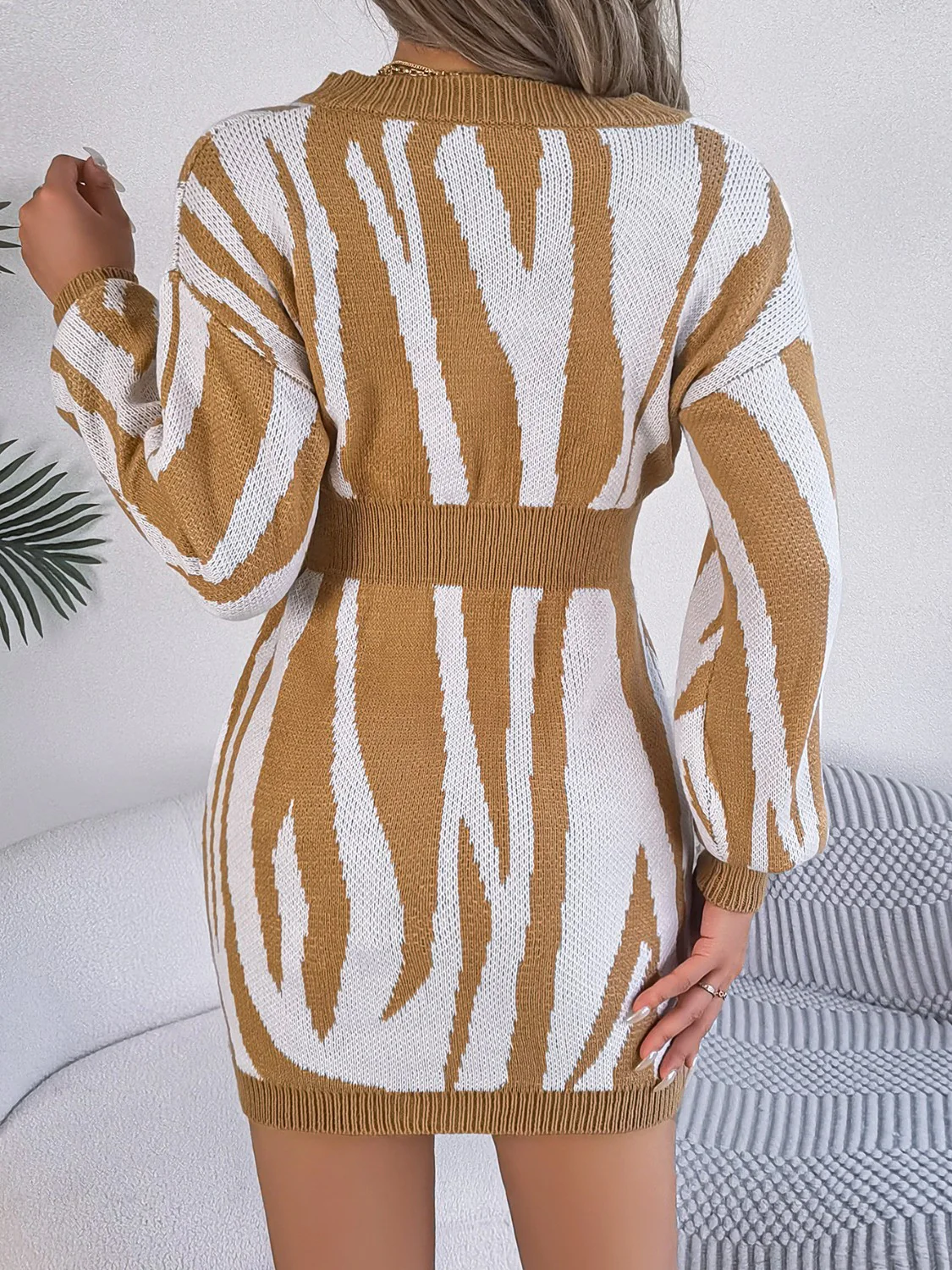 Animal Print V-Neck Long Sleeve Sweater Dress - Image 8