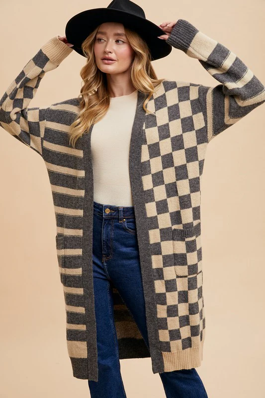 Annie Wear Checkered & Striped Open Front Long Sleeve Cardigan - Image 4