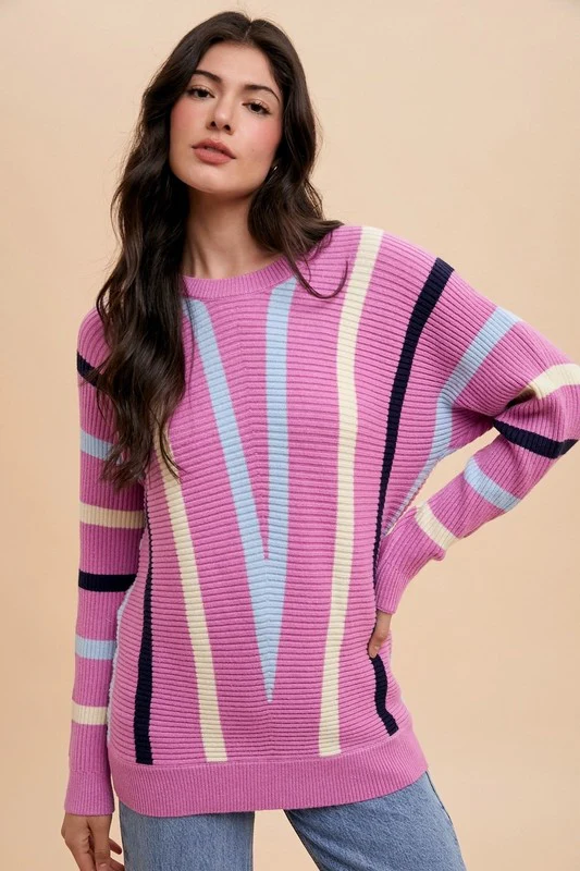 Annie Wear Chevron Stripe Round Neck Ribbed Sweater - Image 3
