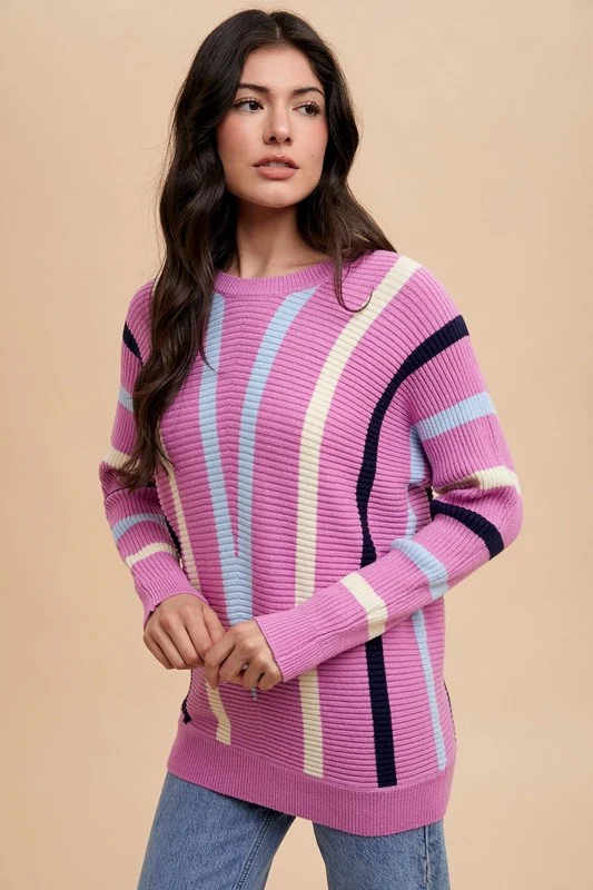 Annie Wear Chevron Stripe Round Neck Ribbed Sweater - Image 4