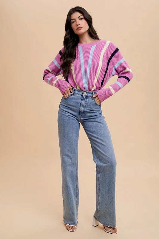 Annie Wear Chevron Stripe Round Neck Ribbed Sweater - Image 5