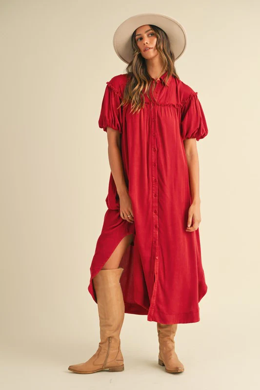 Annie Wear Mineral Washed Button Down Puff Sleeve Shirt Dress - Image 2