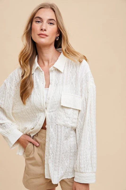 Annie Wear Openwork Button Down Drop Shoulder Shirt - Image 3