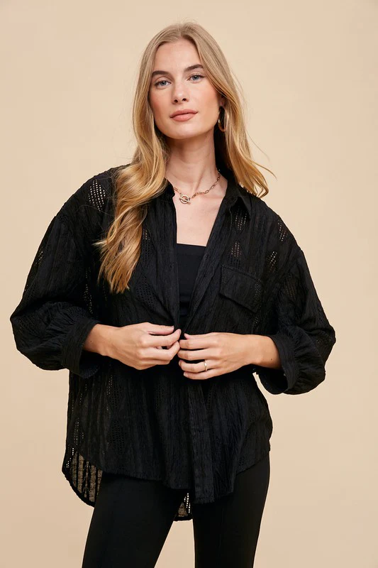 Annie Wear Openwork Button Down Drop Shoulder Shirt - Image 3