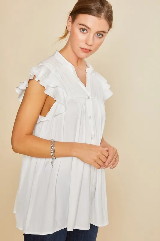 Annie Wear Ruffle Sleeve Shirred Flowy Woven Tunic Shirts - Image 2