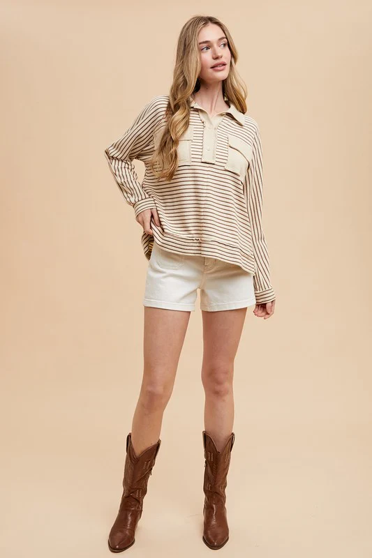Annie Wear Striped Button Detail Long Sleeve Polo Top - Image 5