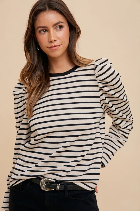 Annie Wear Striped Round Neck Puff Sleeve French Terry Top - Image 3