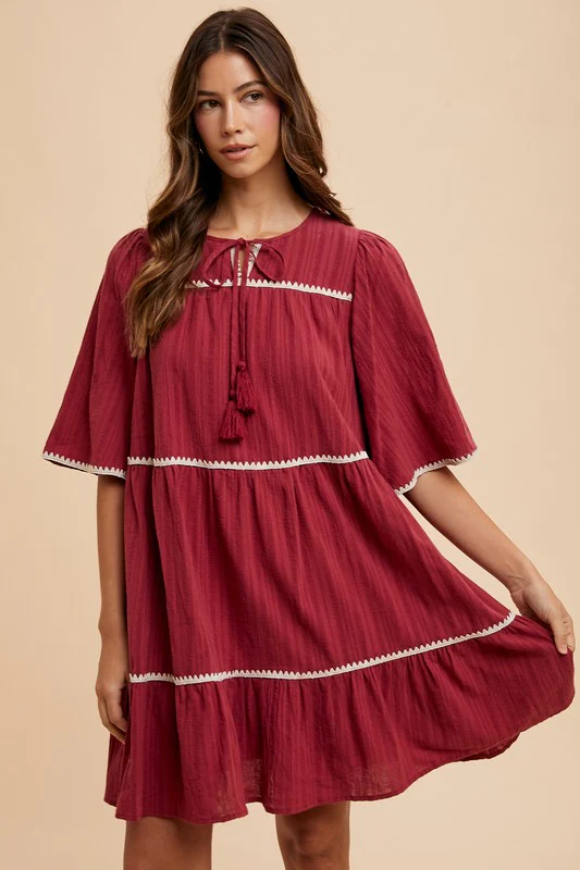 Annie Wear Tassel Contrast Trim Tie Neck Half Sleeve Tiered Dress - Image 4
