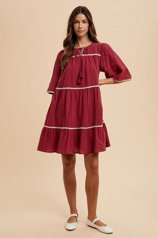 Annie Wear Tassel Contrast Trim Tie Neck Half Sleeve Tiered Dress - Image 5