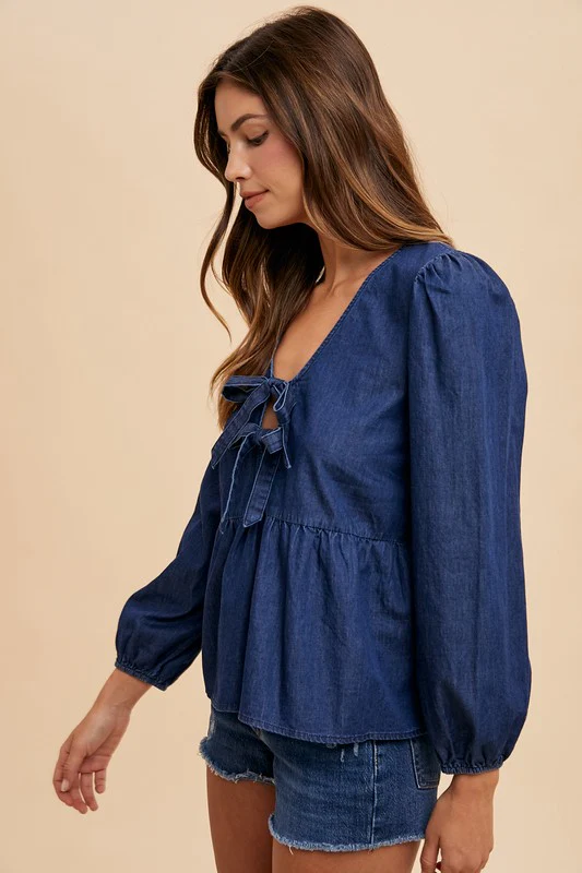 Annie Wear Tie Front Peplum Long Sleeve Denim Top - Image 2