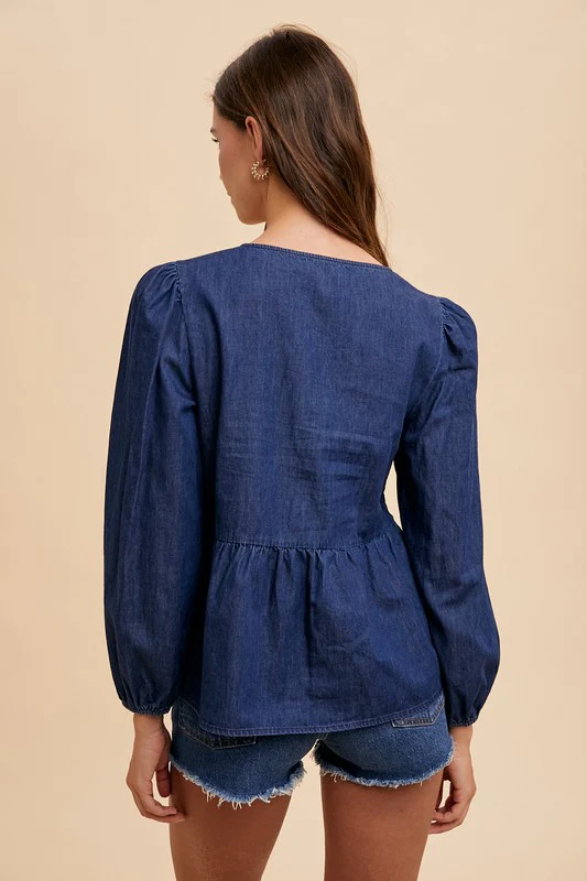 Annie Wear Tie Front Peplum Long Sleeve Denim Top - Image 3