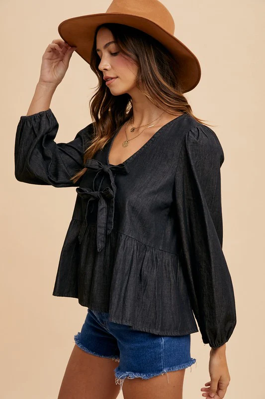 Annie Wear Tie Front Peplum Long Sleeve Denim Top - Image 2