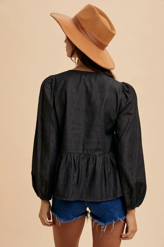 Annie Wear Tie Front Peplum Long Sleeve Denim Top - Image 3