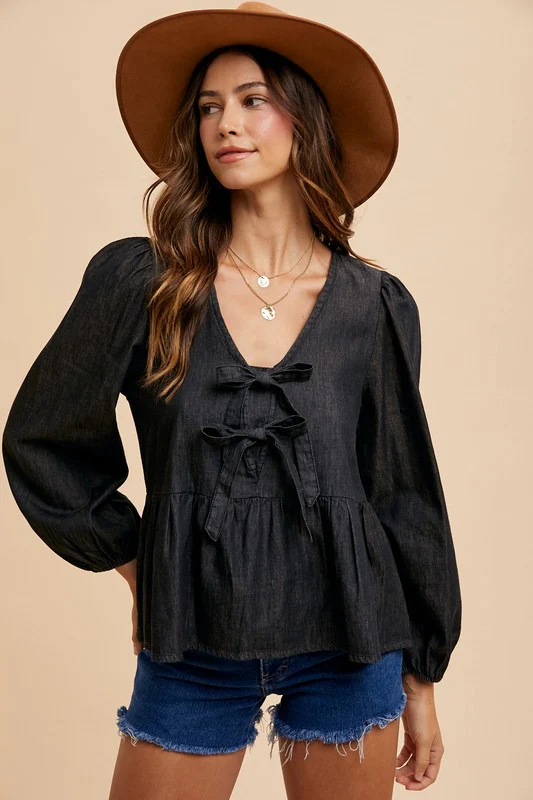 Annie Wear Tie Front Peplum Long Sleeve Denim Top - Image 4