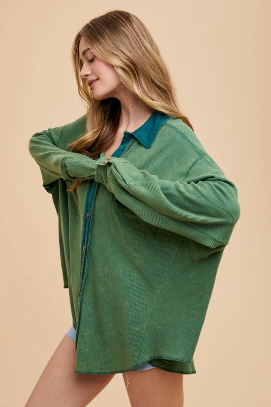 Annie Wear Waffle-Knit Mineral Washed Button Down Shirt - Image 3