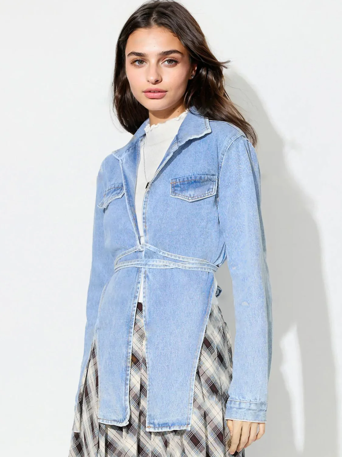 Asymmetric Slit Collared Neck Long Denim Top - Image 5
