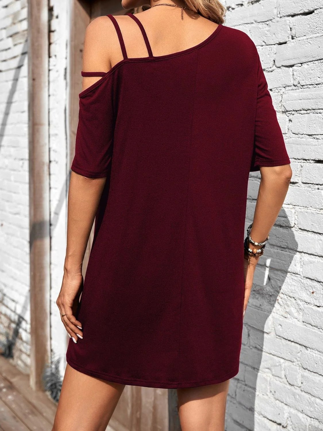Asymmetrical Neck Half Sleeve Mini Dress - Image 7