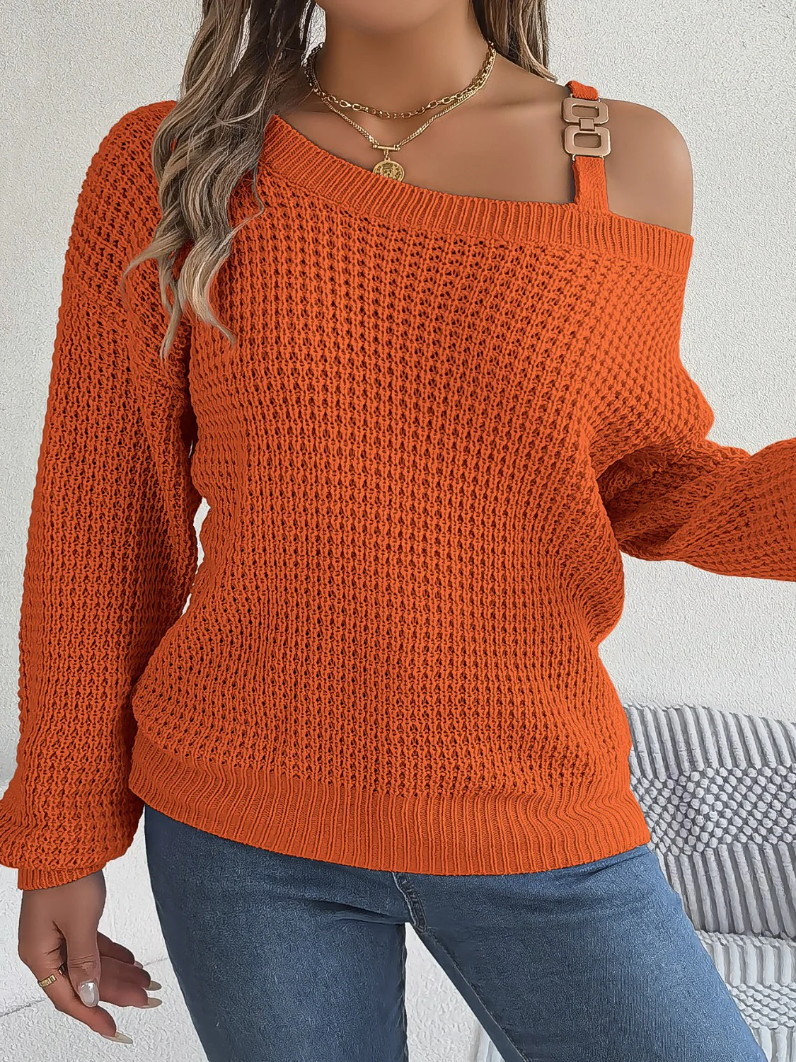 Asymmetrical Neck Long Sleeve Sweater - Image 11