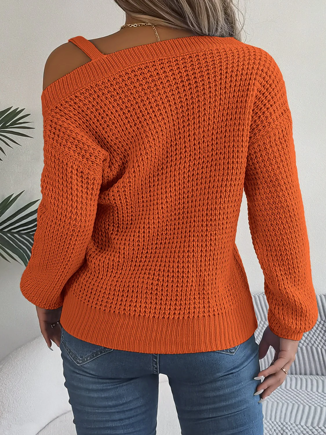 Asymmetrical Neck Long Sleeve Sweater - Image 12