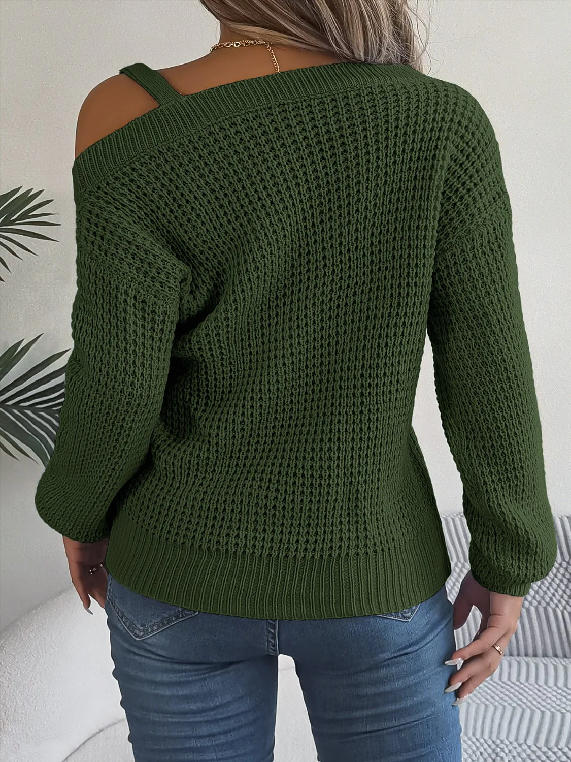 Asymmetrical Neck Long Sleeve Sweater - Image 15