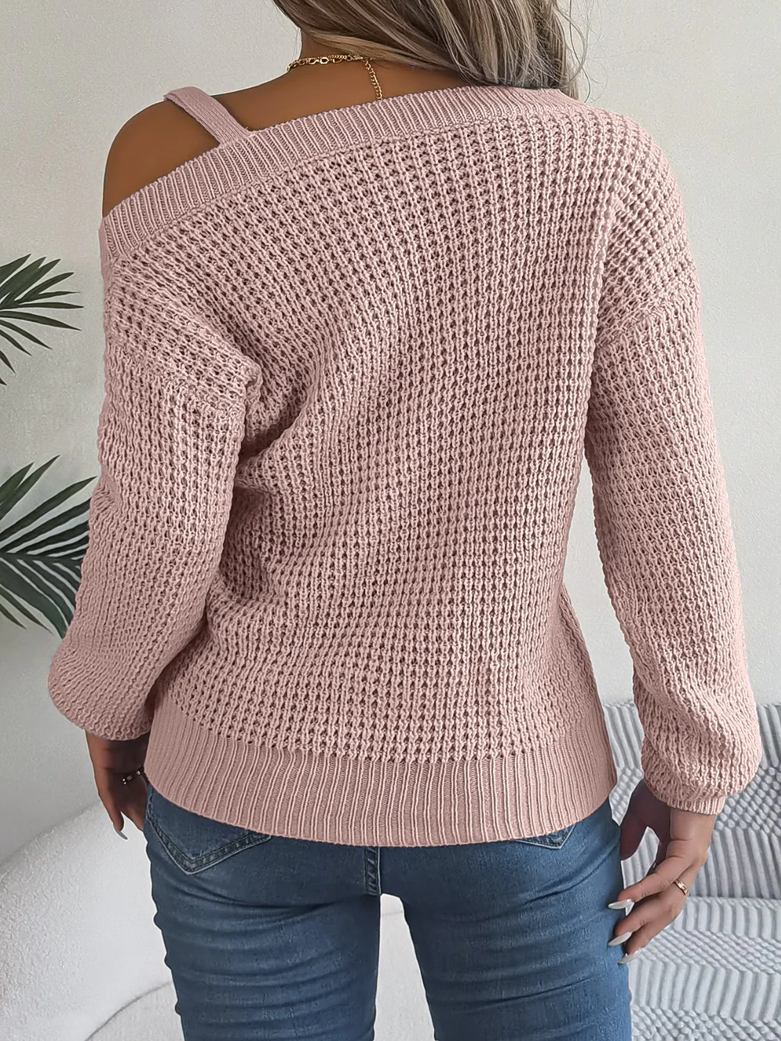 Asymmetrical Neck Long Sleeve Sweater - Image 9