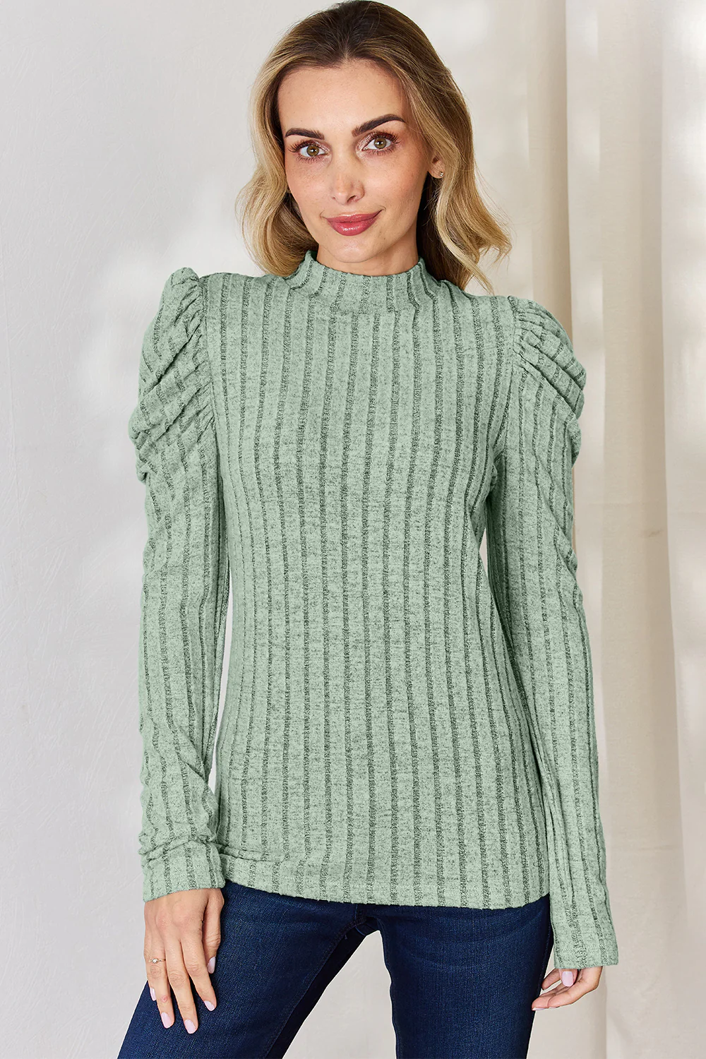 Basic Bae Full Size Ribbed Mock Neck Puff Sleeve T-Shirt - Image 16