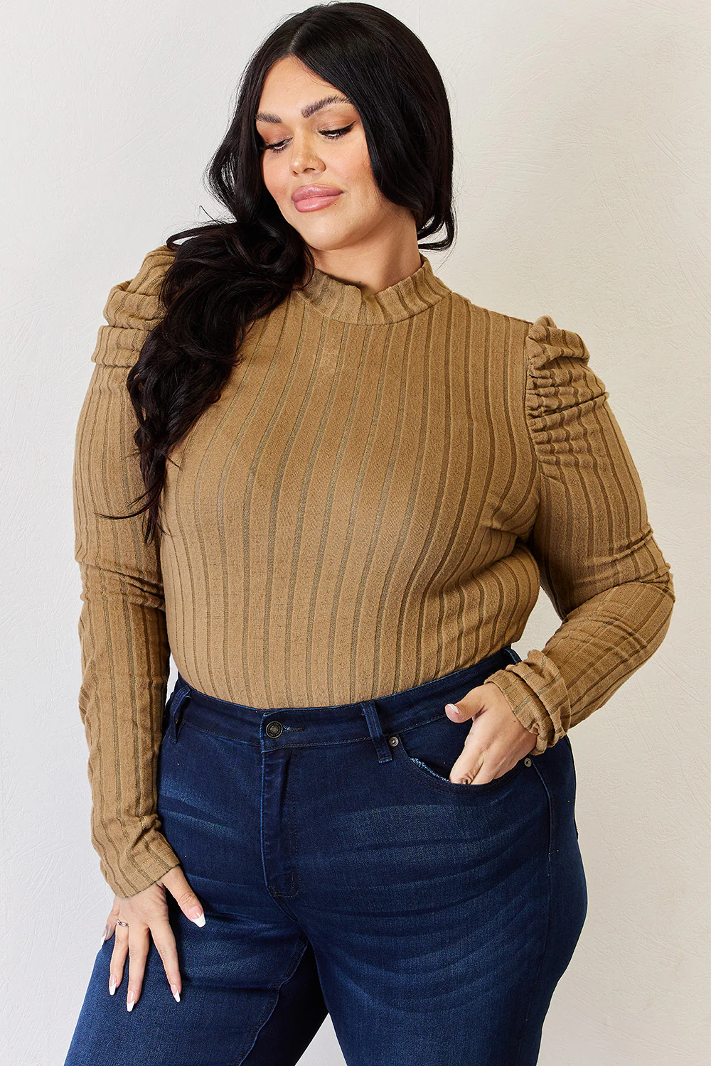 Basic Bae Full Size Ribbed Mock Neck Puff Sleeve T-Shirt - Image 30