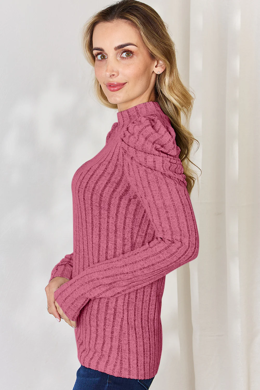 Basic Bae Full Size Ribbed Mock Neck Puff Sleeve T-Shirt - Image 34