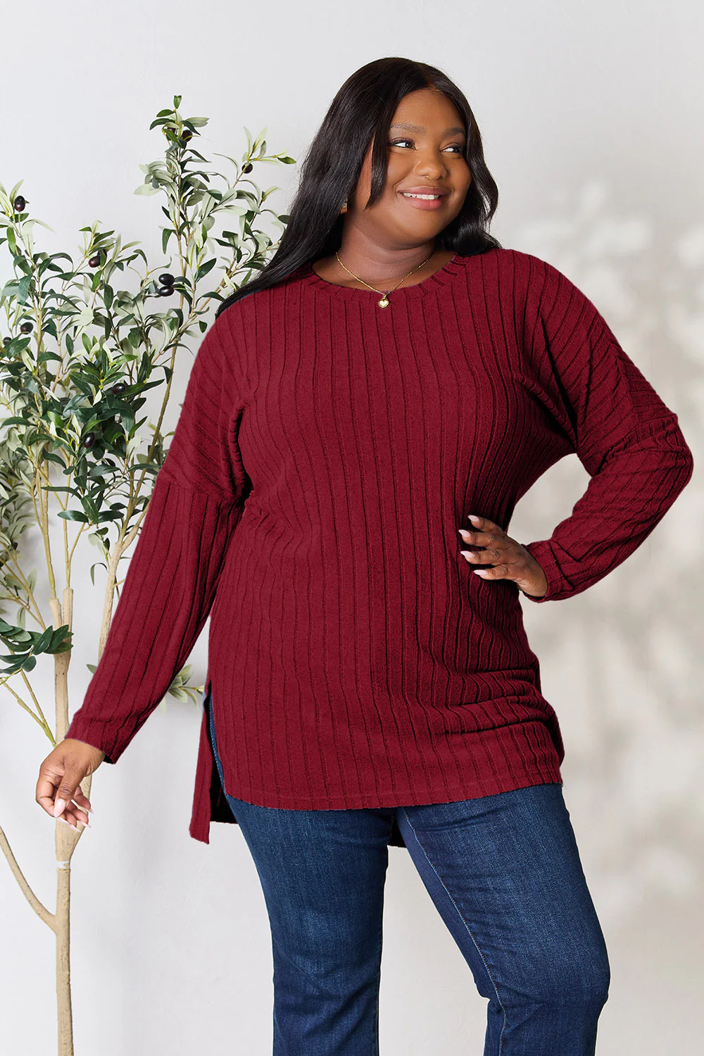 Basic Bae Full Size Ribbed Round Neck Long Sleeve Slit Top - Image 10