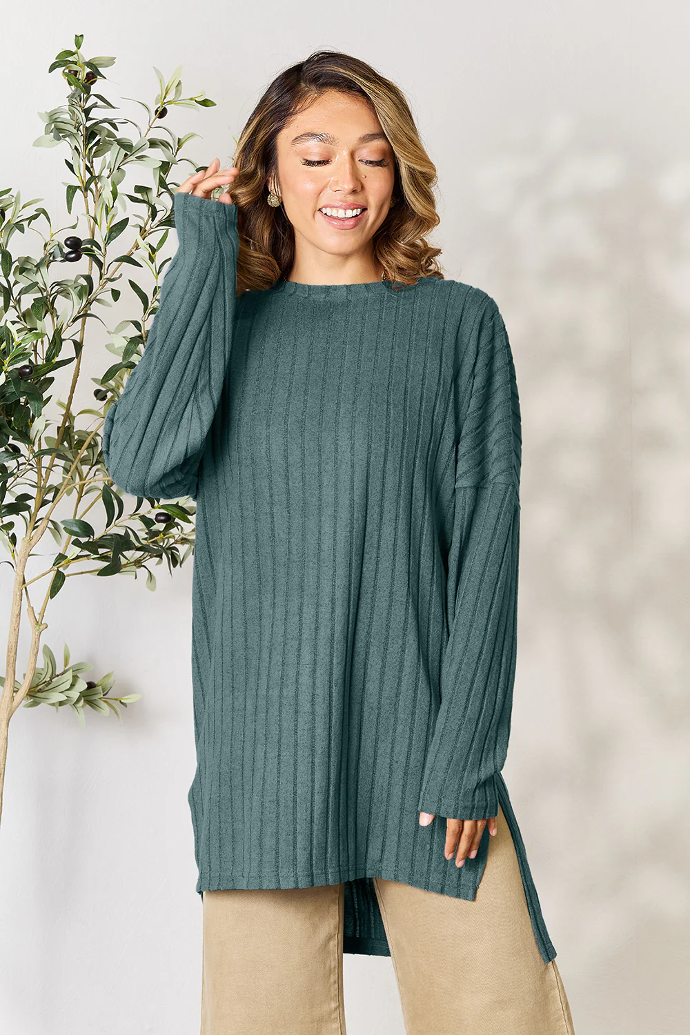 Basic Bae Full Size Ribbed Round Neck Long Sleeve Slit Top - Image 19