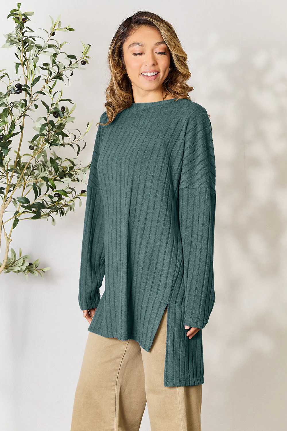 Basic Bae Full Size Ribbed Round Neck Long Sleeve Slit Top - Image 20