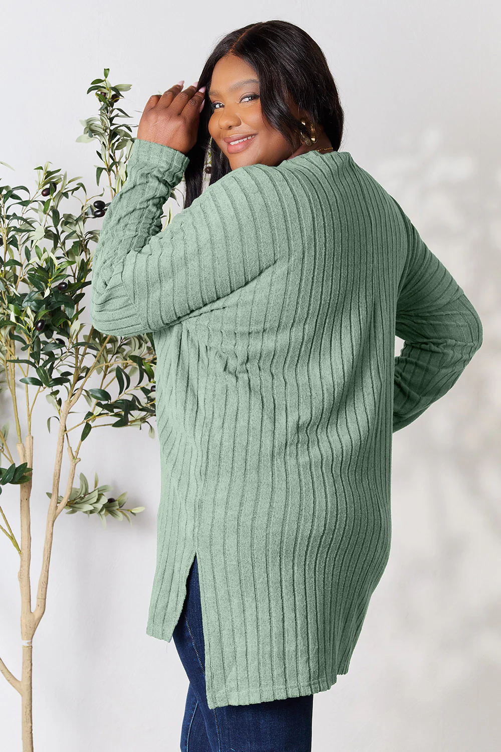 Basic Bae Full Size Ribbed Round Neck Long Sleeve Slit Top - Image 31