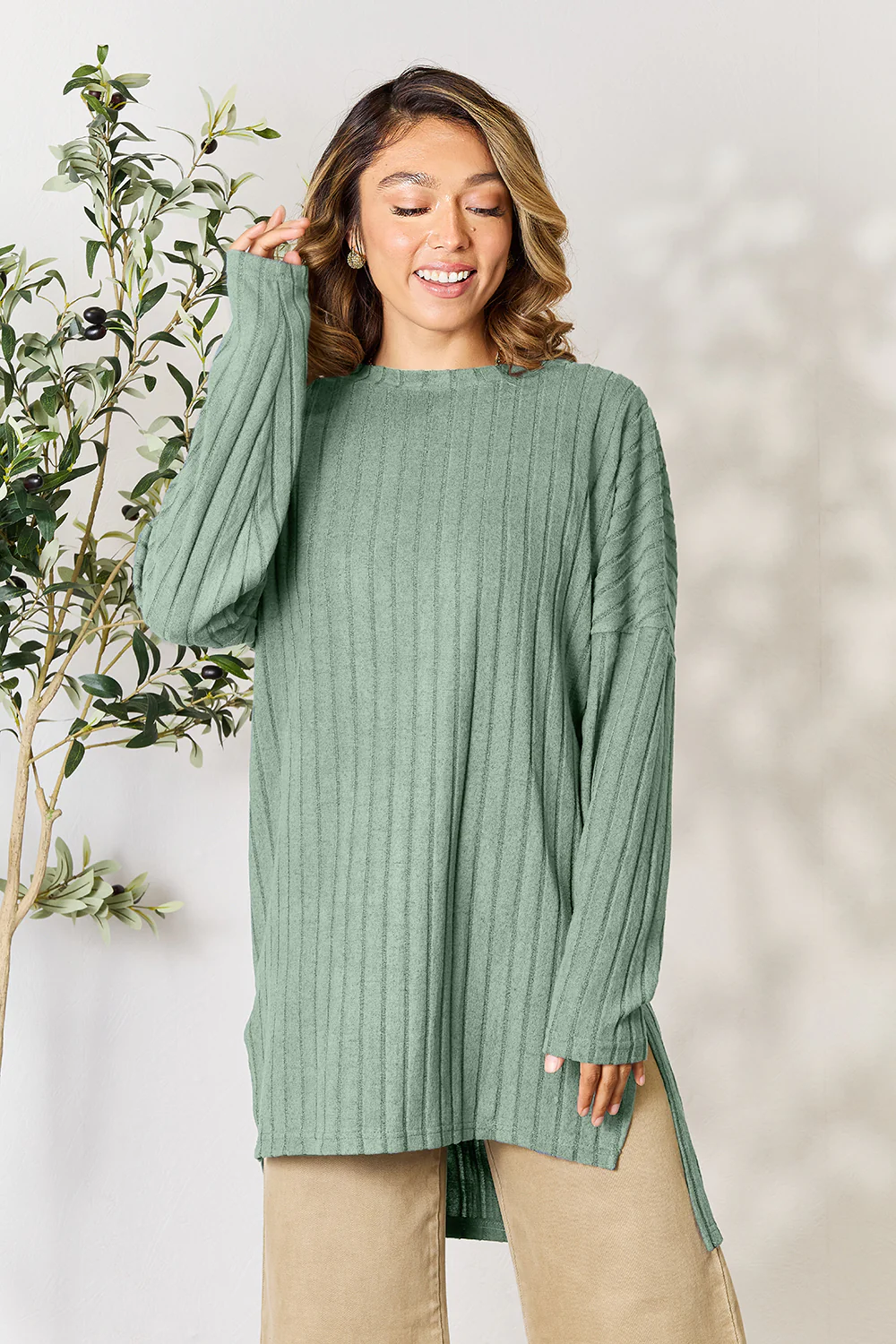 Basic Bae Full Size Ribbed Round Neck Long Sleeve Slit Top - Image 32