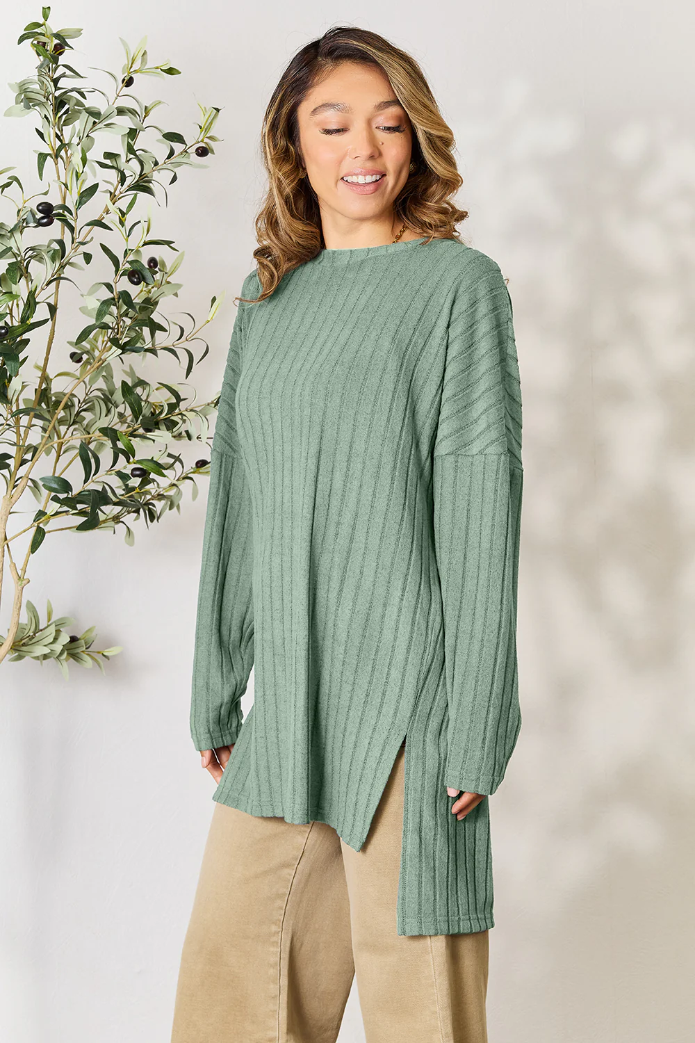 Basic Bae Full Size Ribbed Round Neck Long Sleeve Slit Top - Image 33