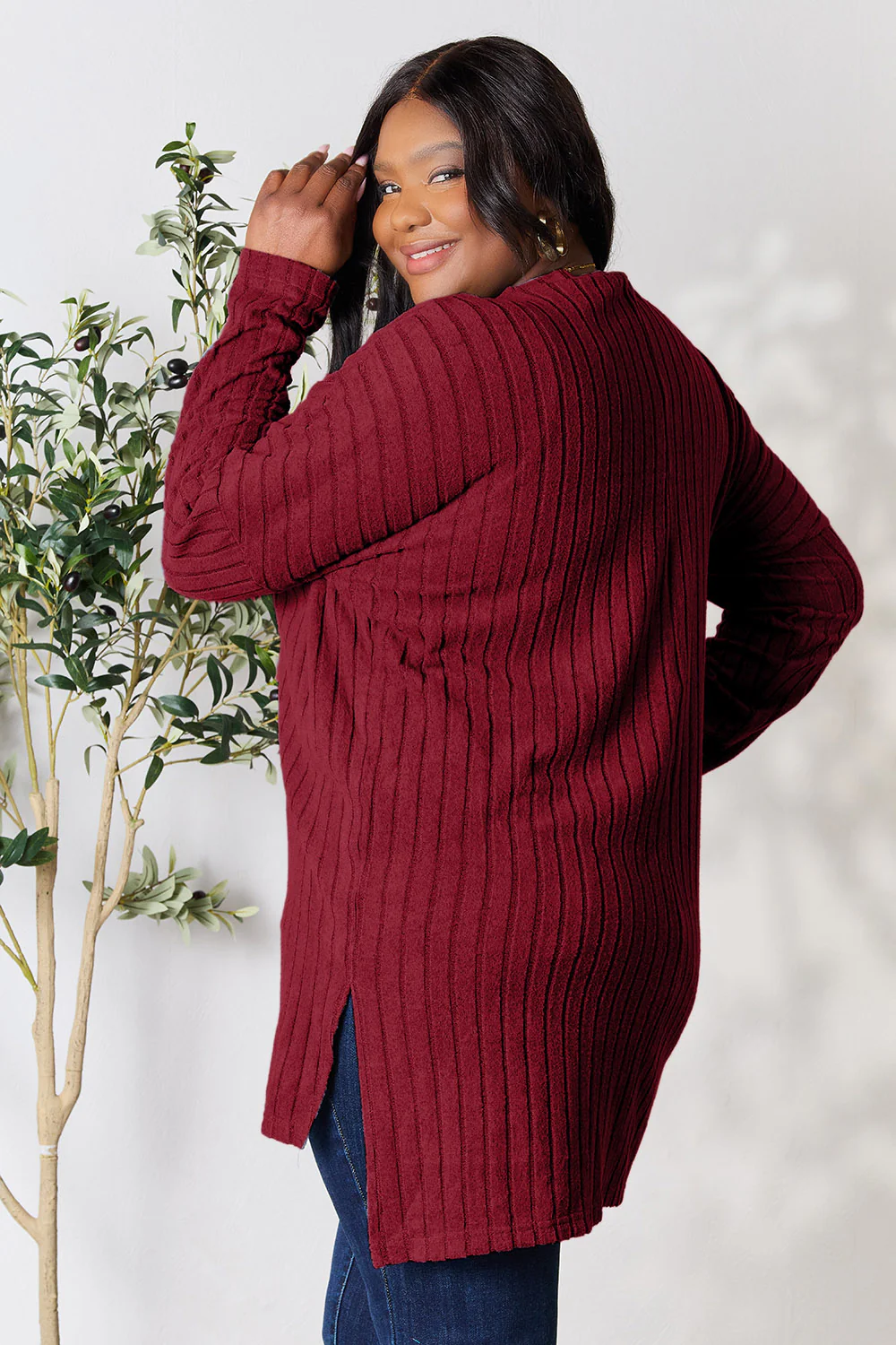 Basic Bae Full Size Ribbed Round Neck Long Sleeve Slit Top - Image 8