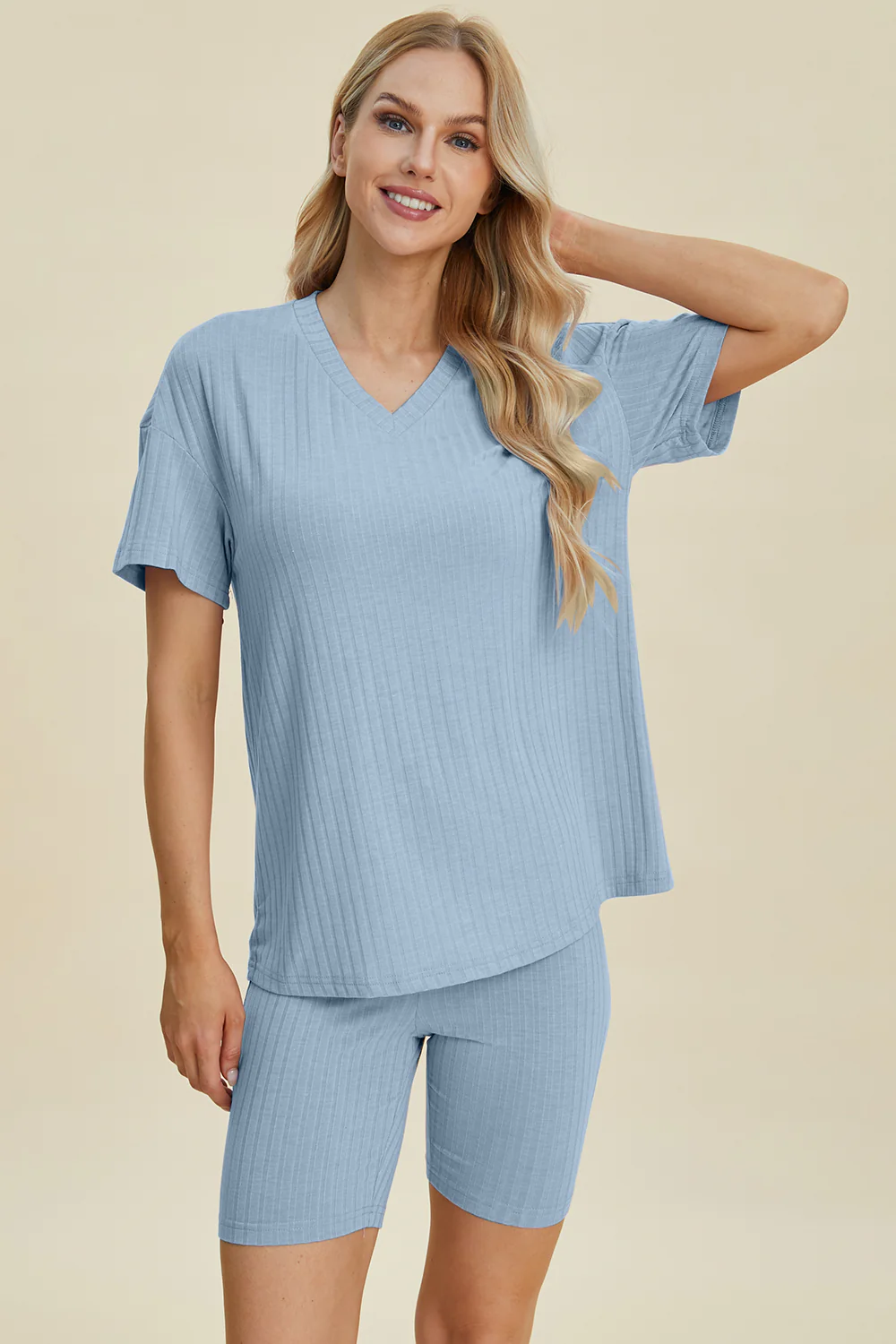 Basic Bae Full Size Ribbed V-Neck Short Sleeve Top and Shorts Set - Image 23