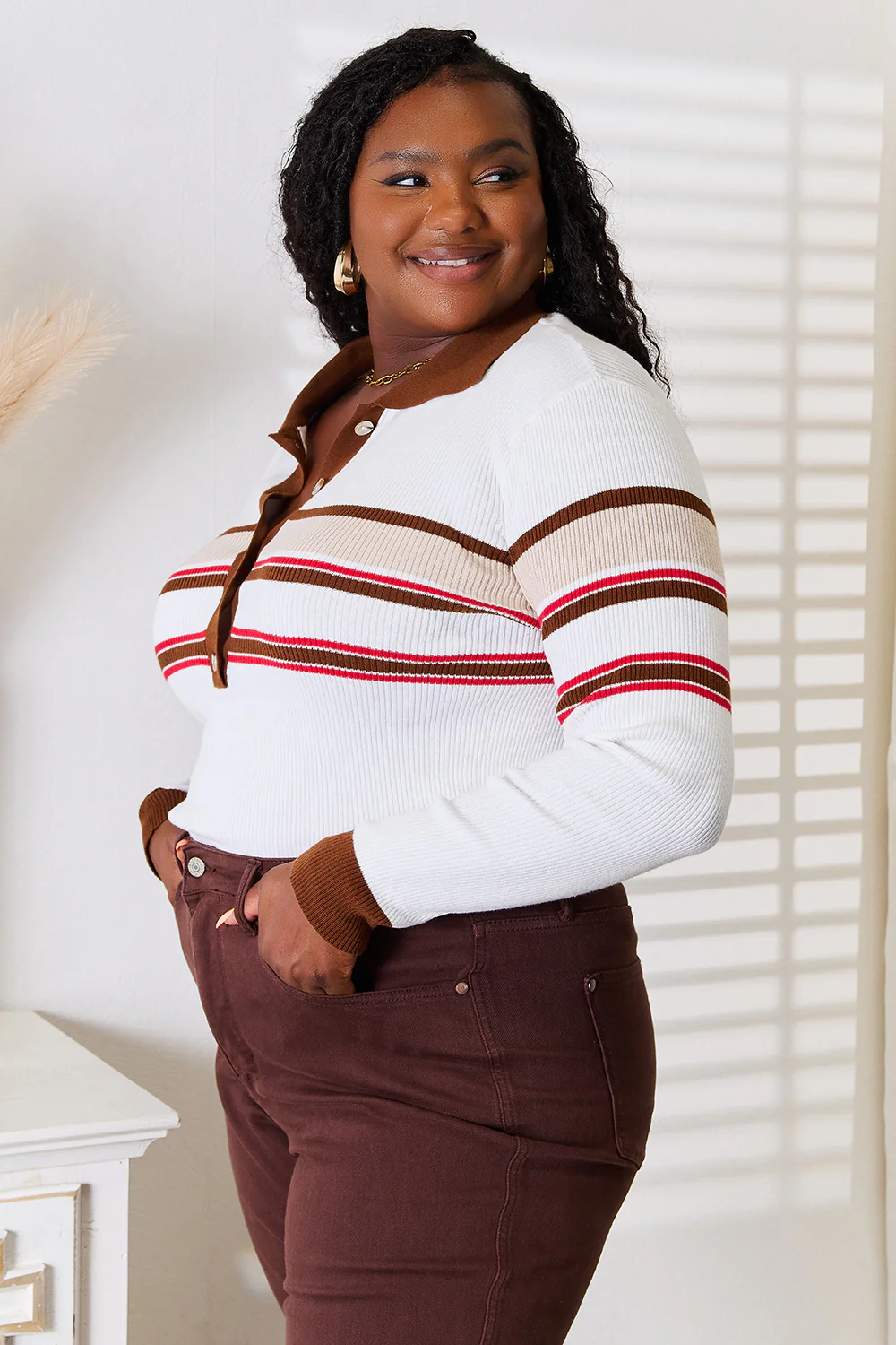 Basic Bae Striped Collared Neck Rib-Knit Top - Image 3