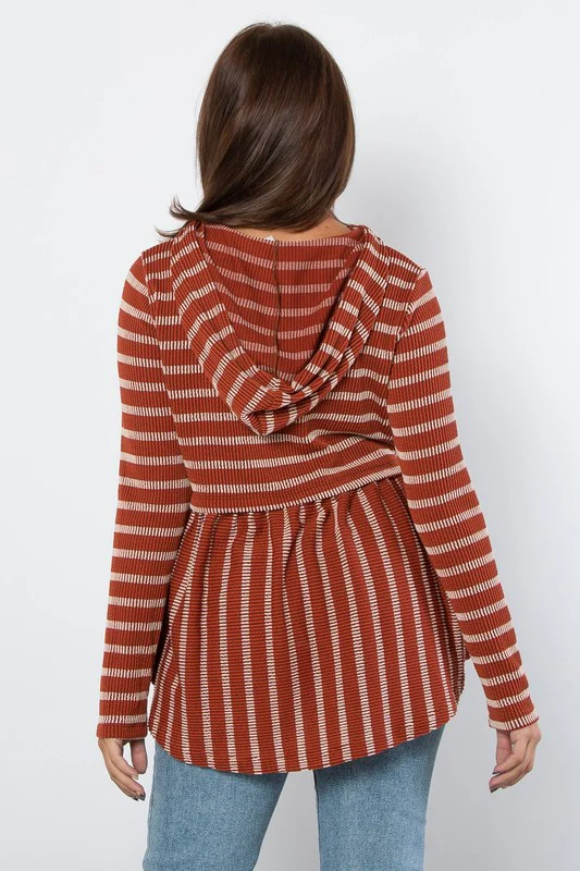 Be Stage Full Size Drawstring Striped Babydoll Hoodie - Image 2