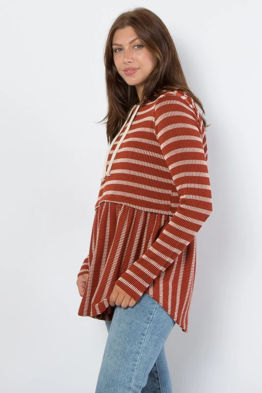 Be Stage Full Size Drawstring Striped Babydoll Hoodie - Image 3