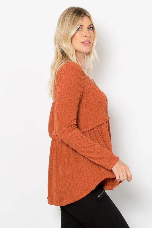 Be Stage Full Size Texture Babydoll Round Neck Long Sleeve Knit Top - Image 3