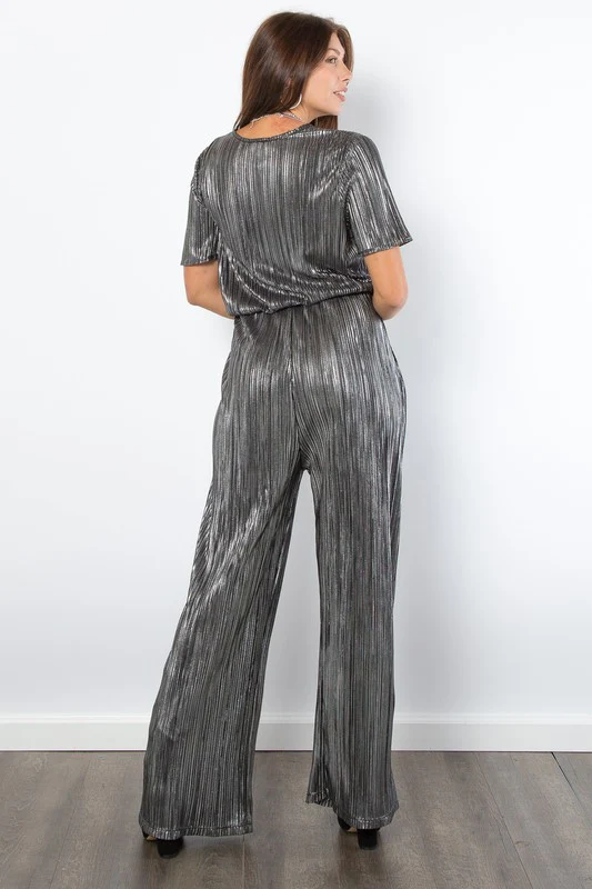 Be Stage Surplice Short Sleeve Pleated Foil Jumpsuit - Image 2