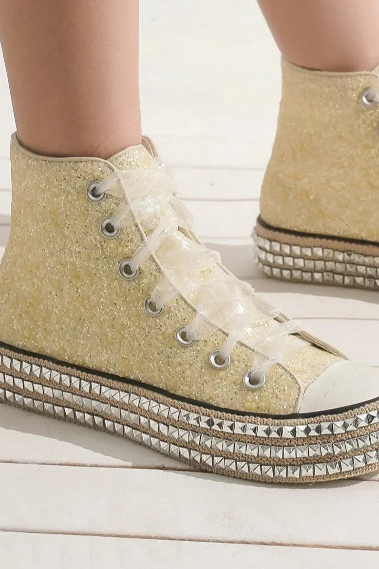 Beast Fashion Glitter Lace-Up Studded Platform Sneakers - Image 2